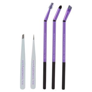 Real Techniques - Brow kit: angled tweezer+detailing tweezer+case+ spoolie+arch definer+brush