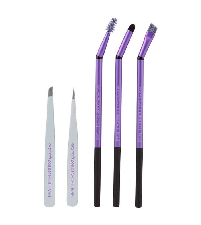 Real Techniques - Brow kit: angled tweezer+detailing tweezer+case+ spoolie+arch definer+brush